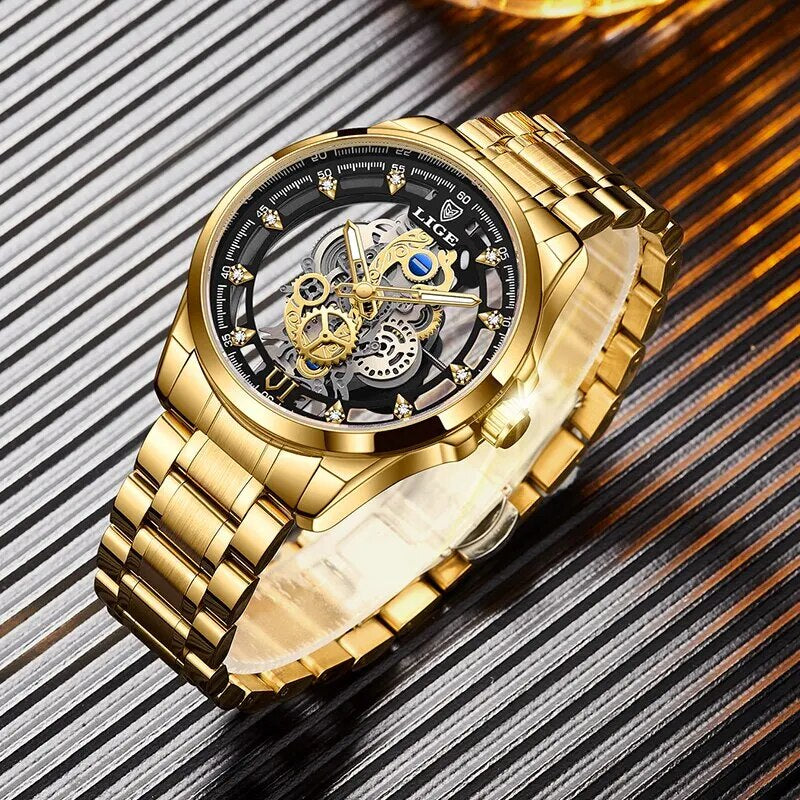New Men Watch Skeleton Quartz Wristwatch Gold Skeleton Retro Man Watch Top Brand Luxury Clock Mens Watches Reloj Hombre