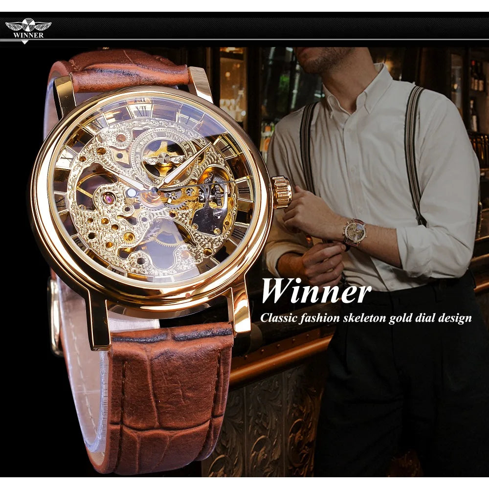 Winner Transparent Fashion Case Luxury Casual Design Leather Strap Mens Watches Top Brand Luxury Mechanical Skeleton Watch